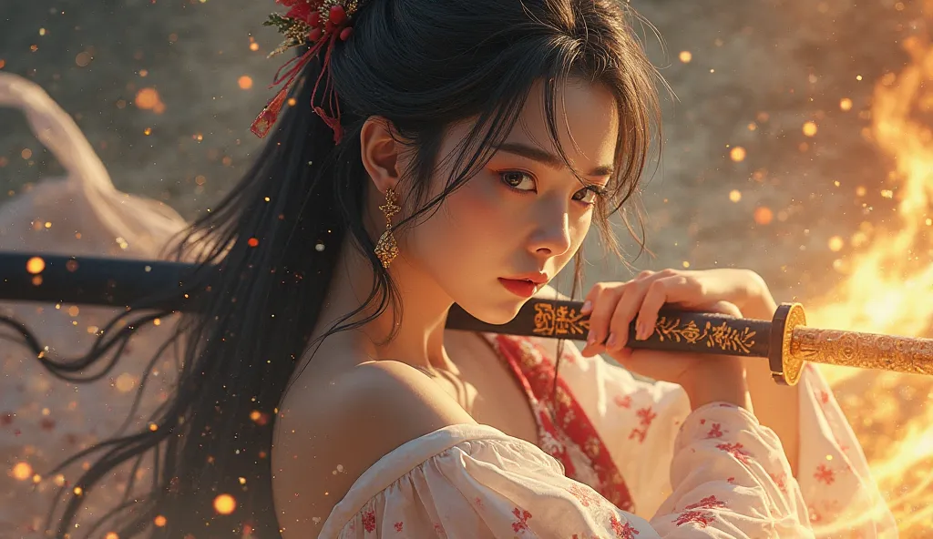 (((Topless photos of beautiful woman))) , Woman, most beautiful, Sweet, elegant ,full body ,large breasts, young, black hair, Demon slayer pose, holding a black and gold glowing katana great sword ready to fight posture, wearing women's earrings, with long...