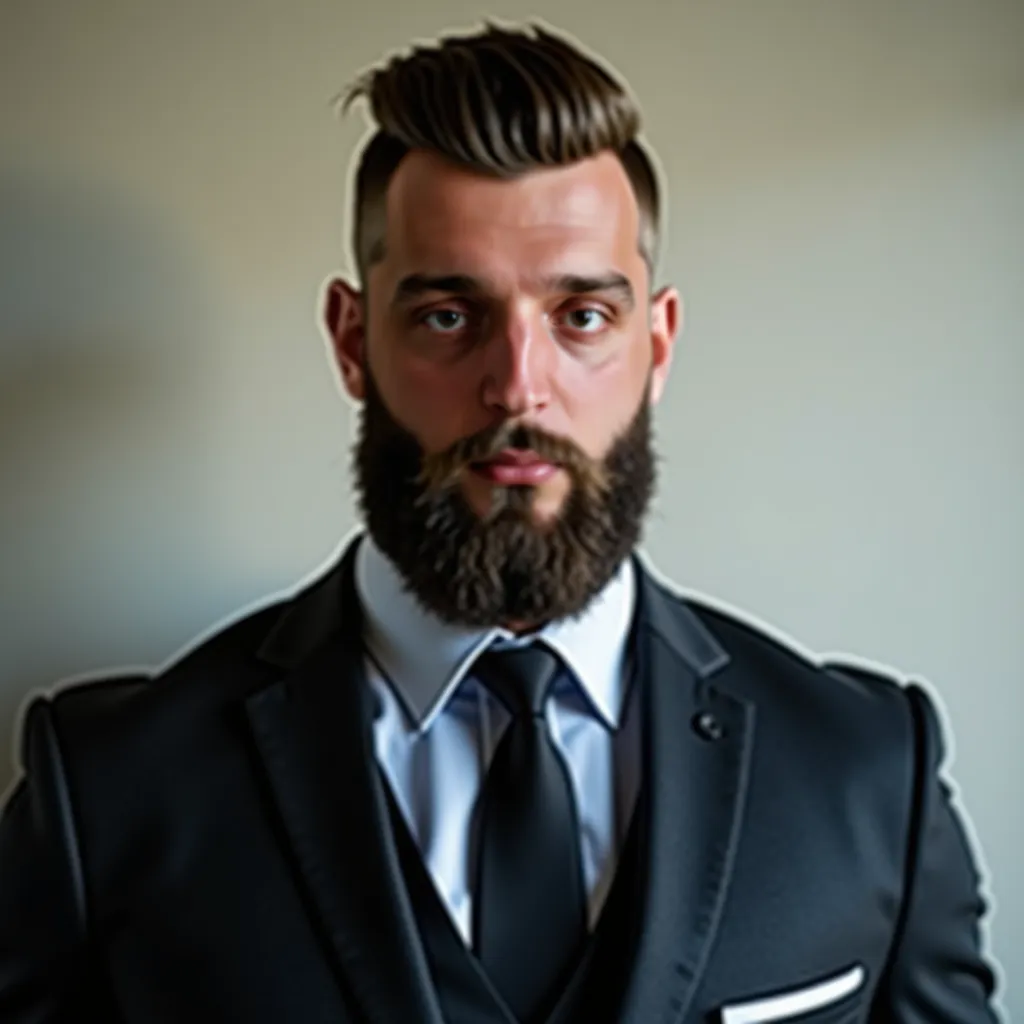 a muscular and slender man with a full beard, an army haircut, broad shoulders and a narrow waist in a business suit. Photo mode, close-up, portrait.