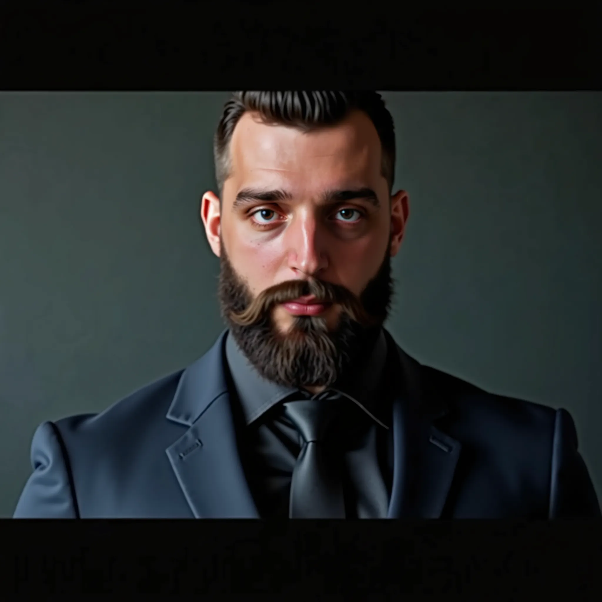 a muscular and slender man with a big beard broad shoulders and a narrow waist, in a business suite. Photo mode, close-up, portrait.