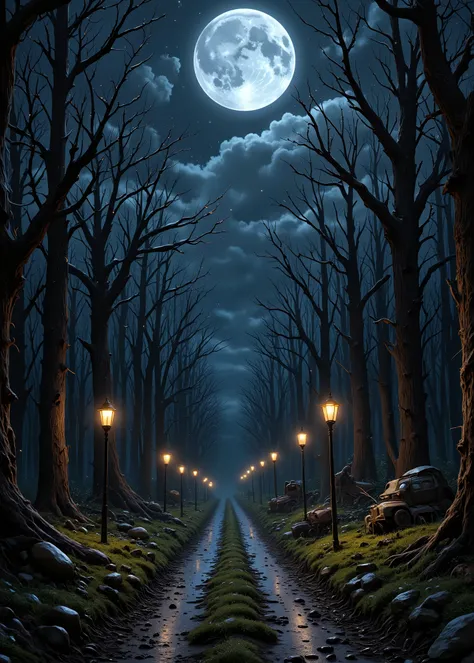 an old Ford type with a hood from the beginning of 1900、horror car、It's a small path in the woods and、streetlights continue at equal intervals on the side road、 dead trees、full moon night