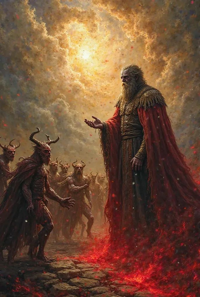 God in Heaven，Satan is in Hell encourages a group of demons to rebel，The demons look quite angry and agree with Satan's words，Heaven and Hell have a clear and dark difference，Heaven in the upper left corner Hell in the lower right，Satan's dress reminds one...