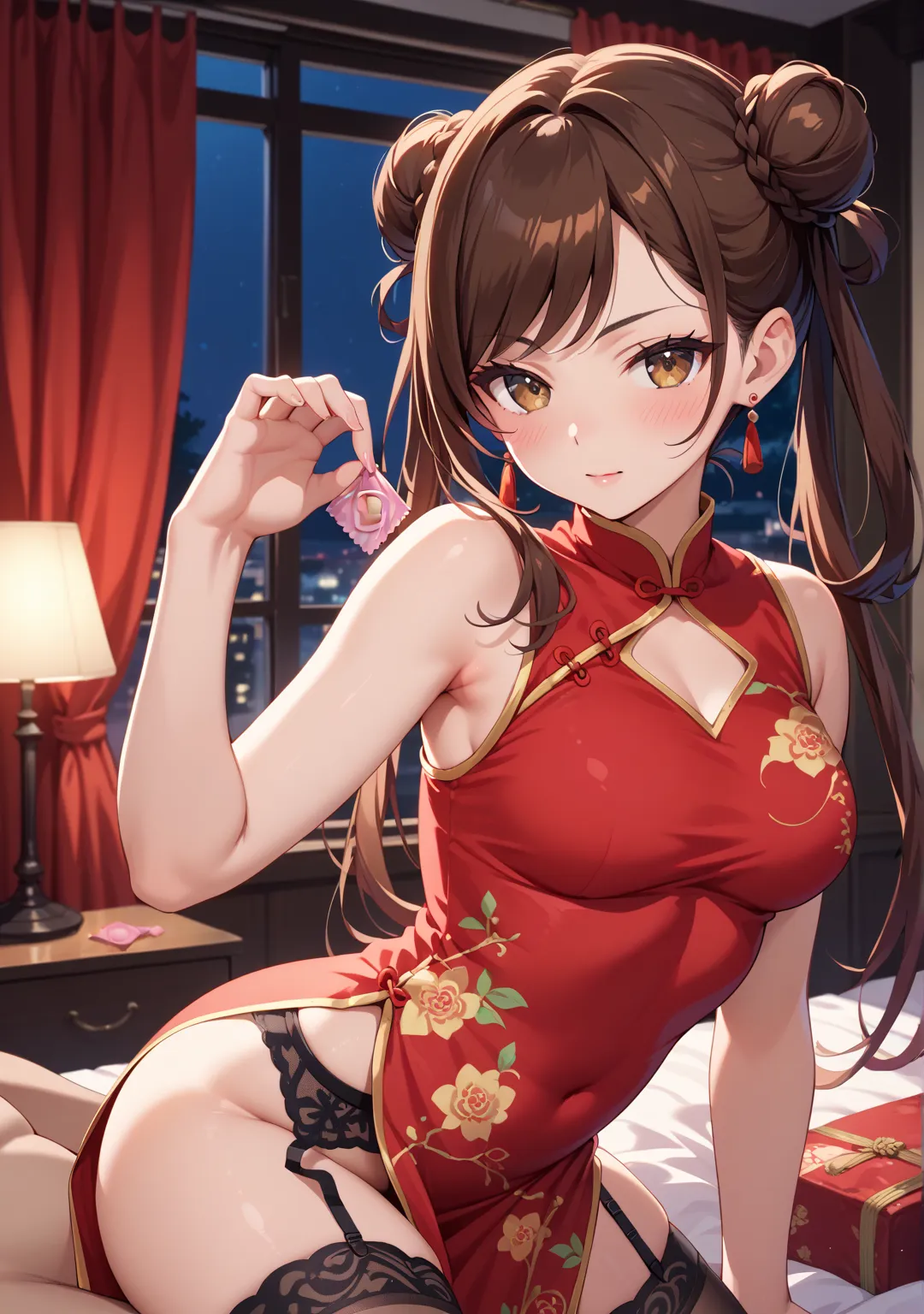 nsfw,night,red china dress,one girl,glamorous,long hair around the chest,straight hair that can't be seen from the outside ,brown hair,{Brown Eyes},swept bangs,night,black garter belt,earrings,blush,,bedroom ,indoor,foreskin,fat old man,Old man with thinni...