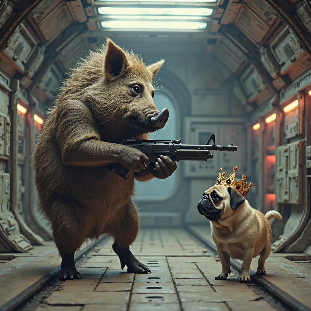 A boar with a gun shoots at a sad and powerless pug king with a crown who looks at a boar,  in a spaceship