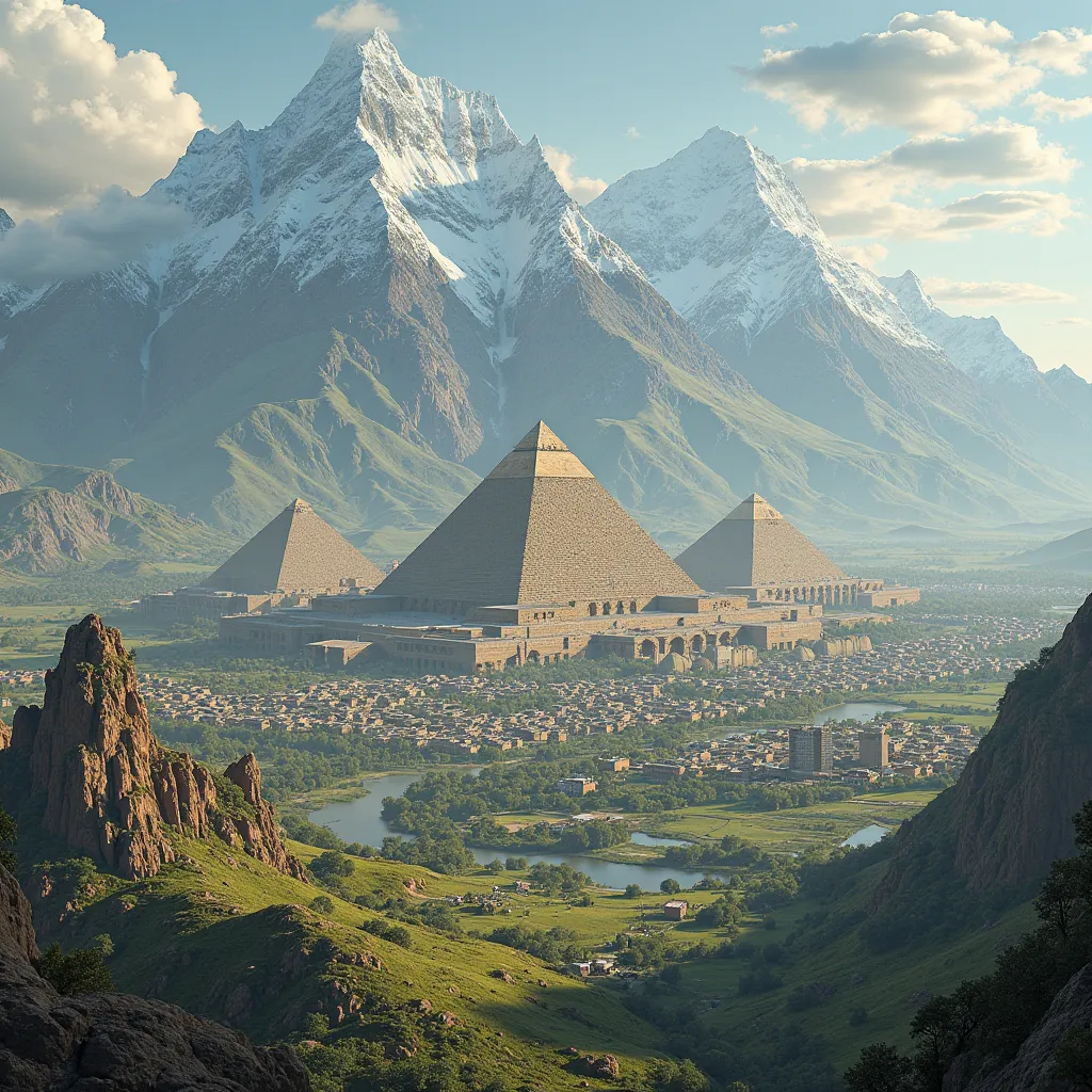 An area country with a city with pyramids and large mountains surrounding the city 