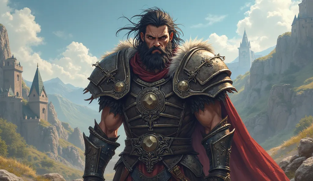 a guy, berserker, medium-length hair, dark eyes, medieval fantasy, semi realistic anime style