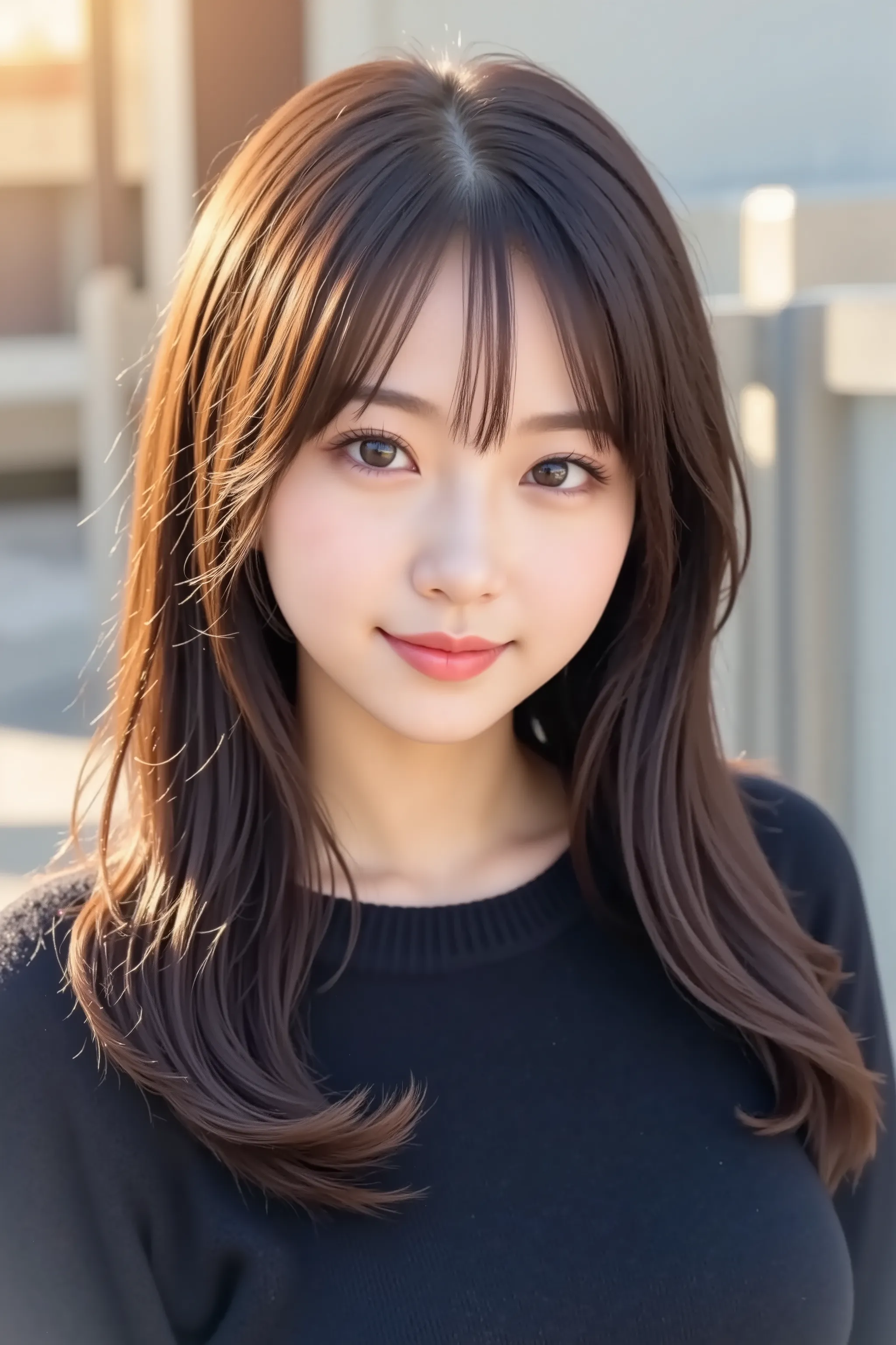 The face is positioned exactly in the center of the image , 's entire head is fully reflected , Face clearly visible、 black sweater, car, long hair around the chest、bungs, smile, young and cute japanese face , Official Art, high image quality CG Unity 8k w...