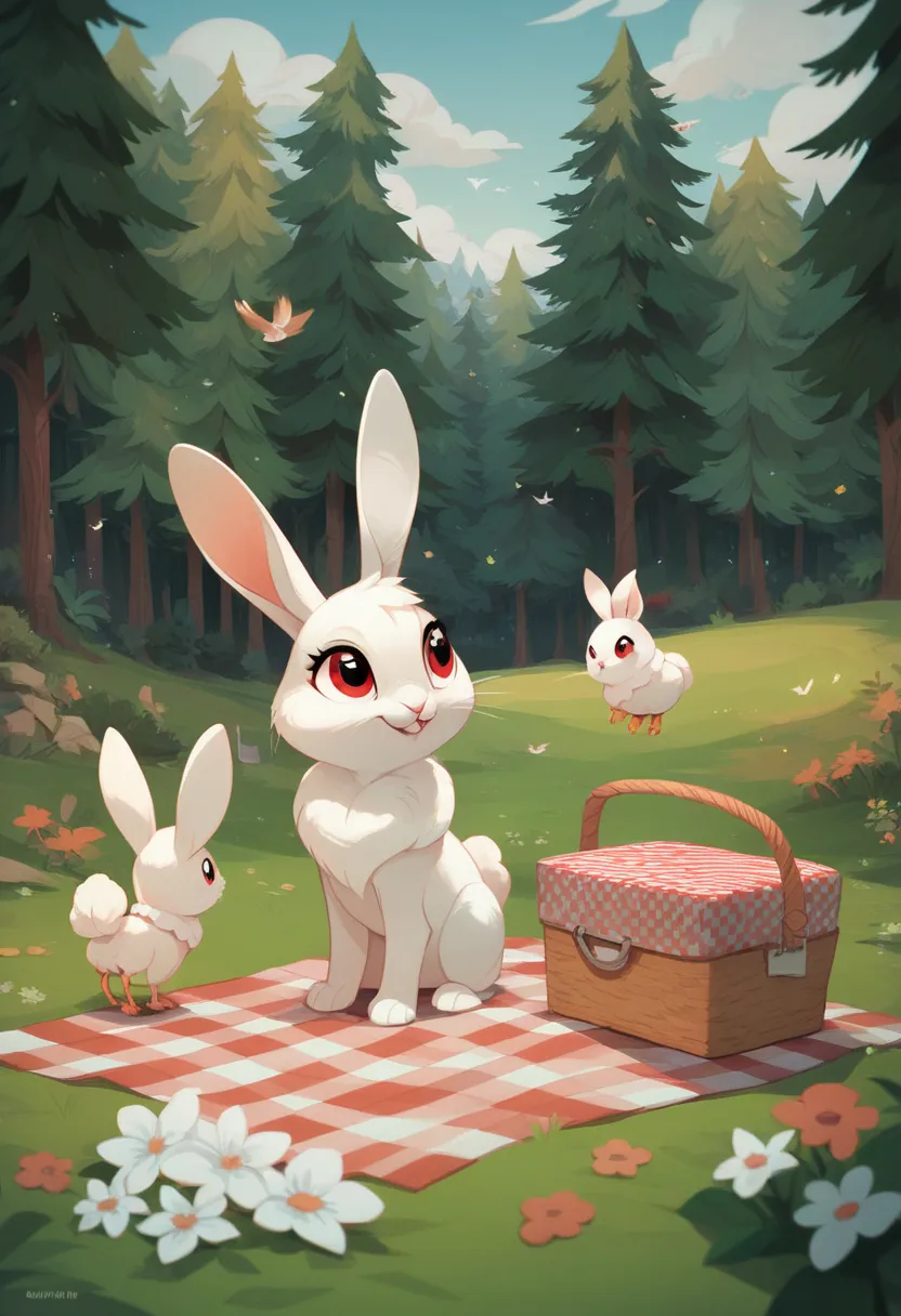 Masterpiece, highest image quality, accurate depiction.
Cartoon style, cartoon coloring.
Animals, rabbit and little bird, white, red eyes, solo.
Forest background, fresh green, early summer, clear sky, picnic.