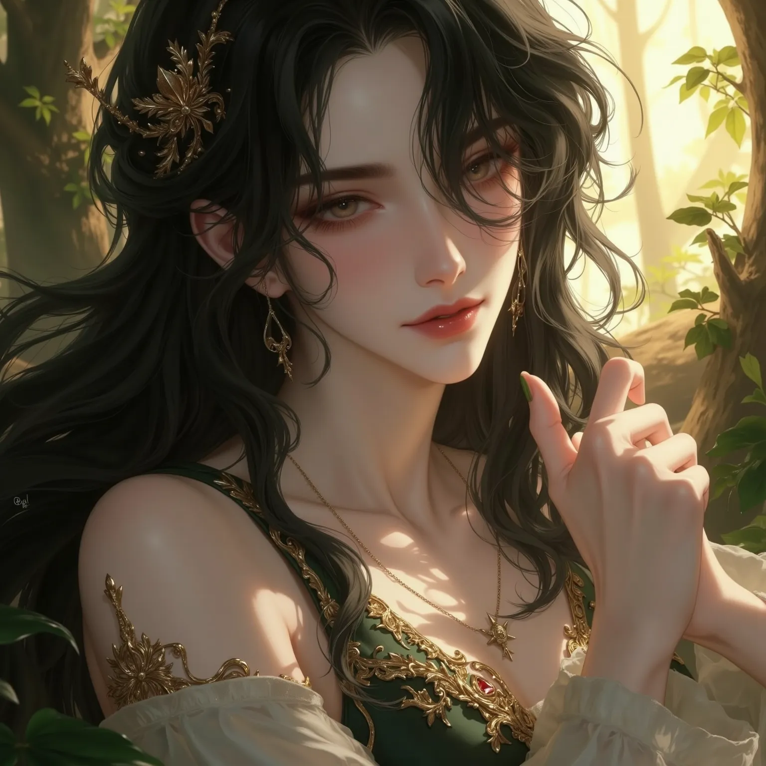 a beautiful young female character with soft and delicate facial features, round eyes, high cheekbones, and smooth porcelain-like skin, elegant pose, serene expression, long flowing black hair, delicate features, intricate ornate fantasy dress, fantasy woo...