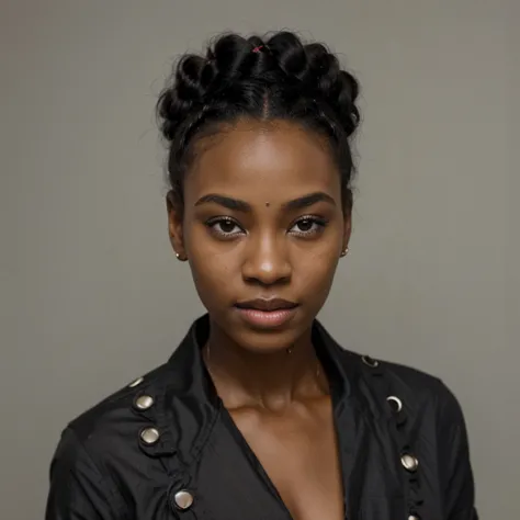 Famille african black woman, very dark ebony skin, bantu knots, close-up portrait 