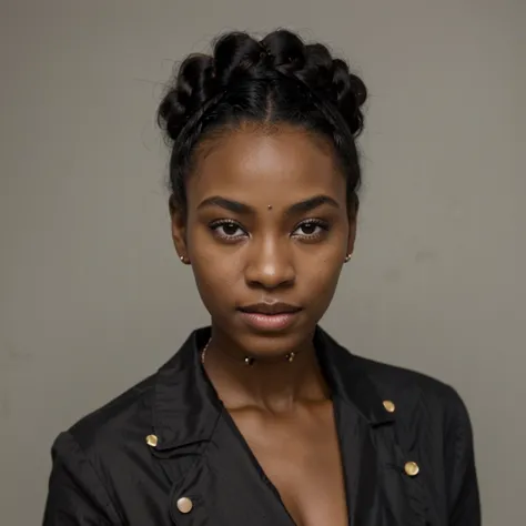 Famille african black woman, very dark ebony skin, bantu knots, close-up portrait 