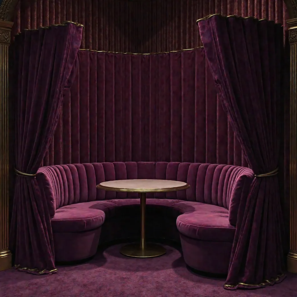 realistic photo, best quality, no humans,, a private booths designed with a deep purple velvet theme strike the perfect balance between visibility and exclusivity, offering a luxurious retreat within the bar. The plush, curved seating wraps around a sleek,...