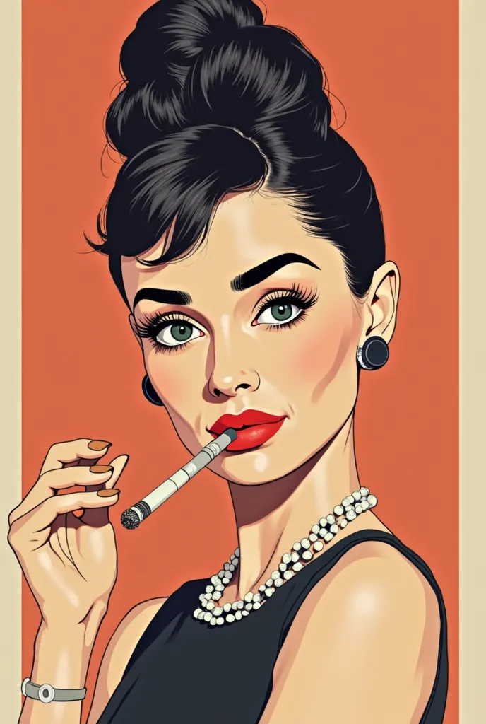 funny Audrey Hepburn portrait with cigar breakfast in tiffany simply flat vector illustration front view