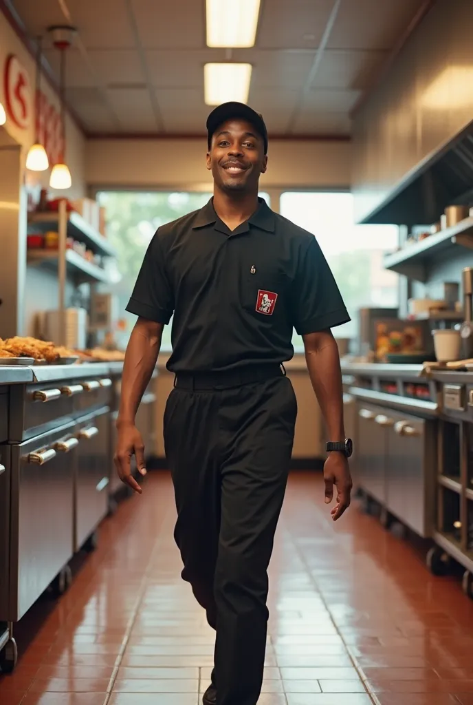 happy kitchen worker (ресторана kfc), dressed in black clothes and walking on the clean floor with a cap.