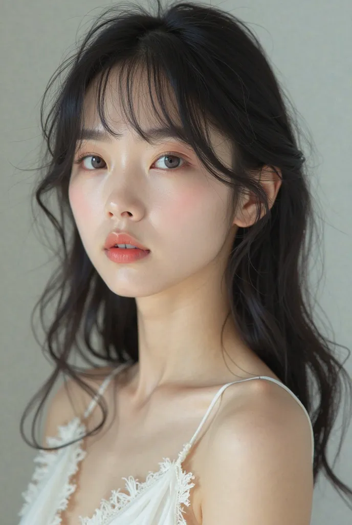 cute face like an idol,  Korean woman , white skin, Her hair is long and black and 、 has bangs., Reality Photography, Crystal clear image quality, white skin, glowing skins, Mr.々 design, full body photo, strand, Smooth and long legs, TOP-DOWN VIEW, raise y...