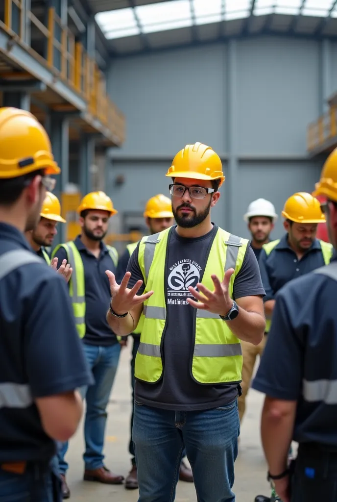 A safety officer standing outside a large factory, addressing a group of workers about safety precautions. The officer is wearing a bright yellow safety helmet, safety goggles, and a reflective vest over a T-shirt that has 'Guru Technical Institute' clearl...