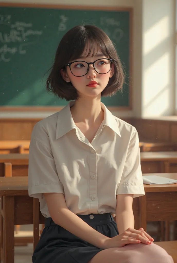 make a girl in scrit age 22 small hairs with glasses cit in classroom