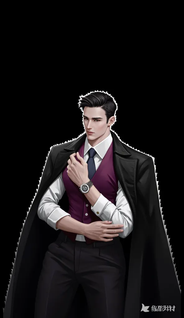 An avatar for "Unstudio" featuring the character of a handsome man in a dark suit, purple vest, and white shirt with a hand-on-chest pose. He is wearing a black cape, with a cityscape background in an anime style, using a white color palette, and created w...