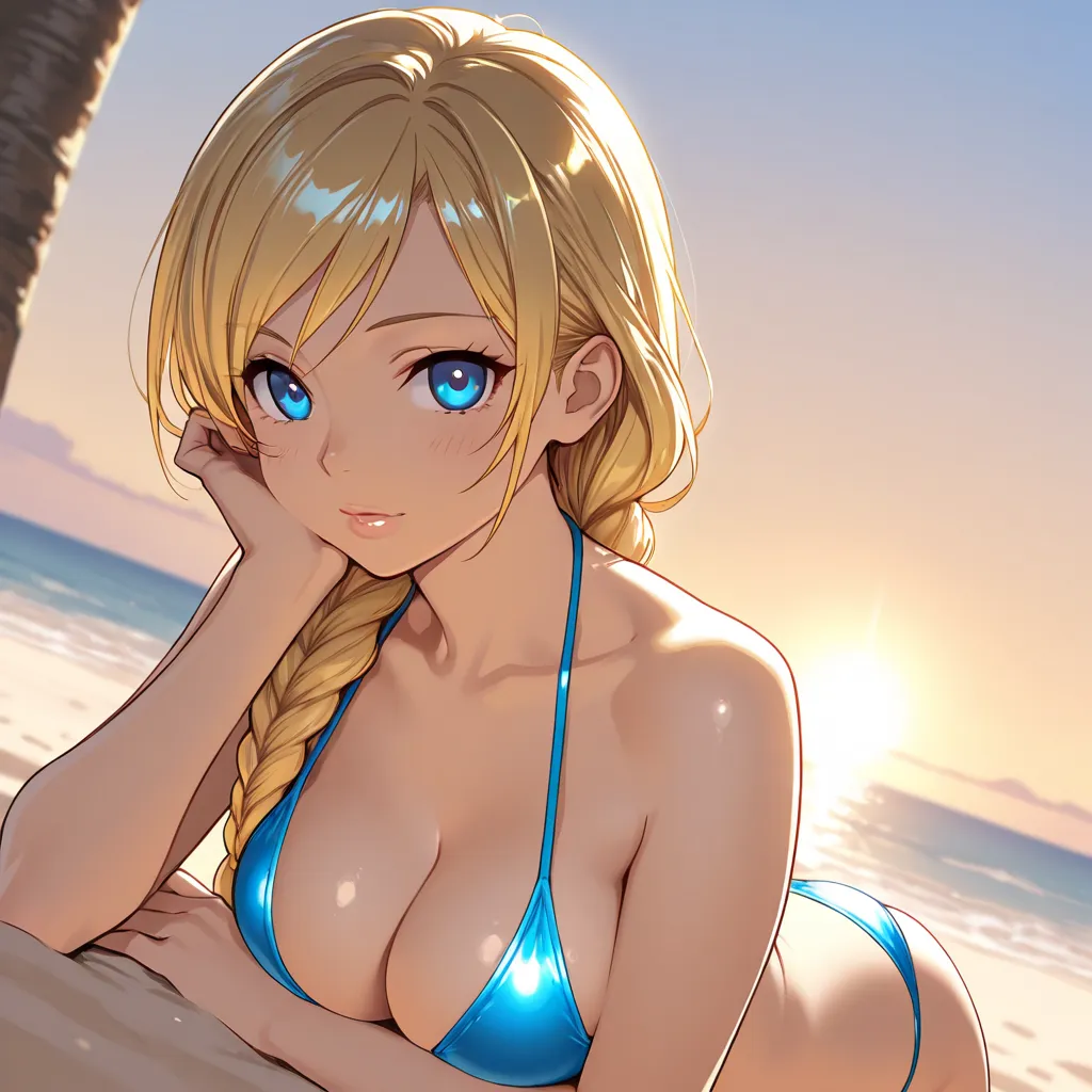  A young woman with long,  golden blonde hair , that is woven in two playful braids, stands confidently on the beach. Her bright blue eyes glow in sunlight, and her face has soft, feminine features with full lips. she is wearing a skimpy bikini, that accen...