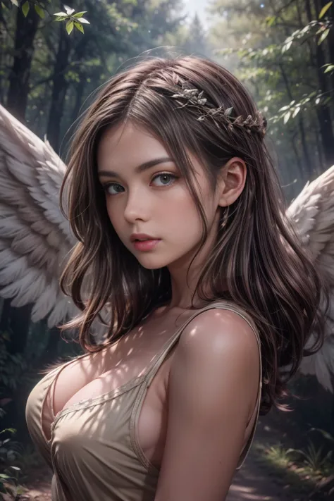 Create a high-quality, ultra-realistic 8K image of angelic girls with wings in a mystical forest setting. The lighting should showcase professional-level techniques, capturing the upper body with exceptional detail.