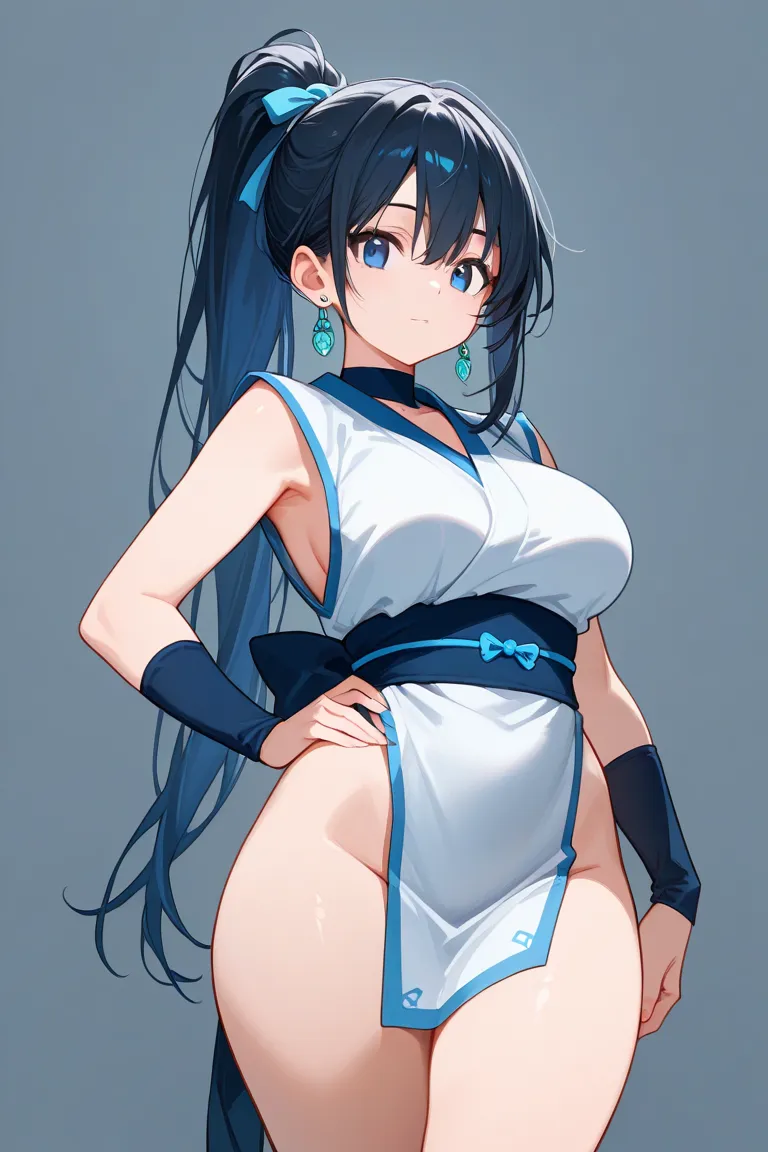 1 girl, Hair tied in ponytail, Black hair with some blue hair on the edges., blue eyes, but not bright, curvy body, wear a sexy kunoichi outfit, หน้าอกไซส์ปานกลาง, have a sliver earrings.