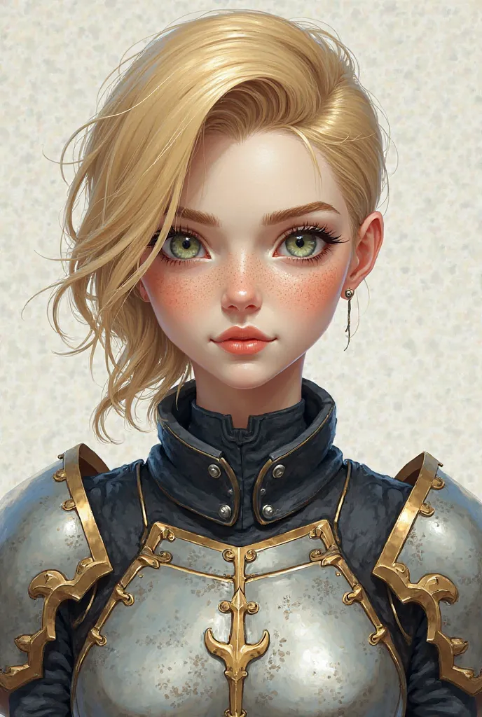 You could make an illustration of a woman wearing advanced armor, her face has delicate features and white skin, He has freckles on his face, blonde hair with a short hairstyle on one side longer than the other, approximately in your twenties 