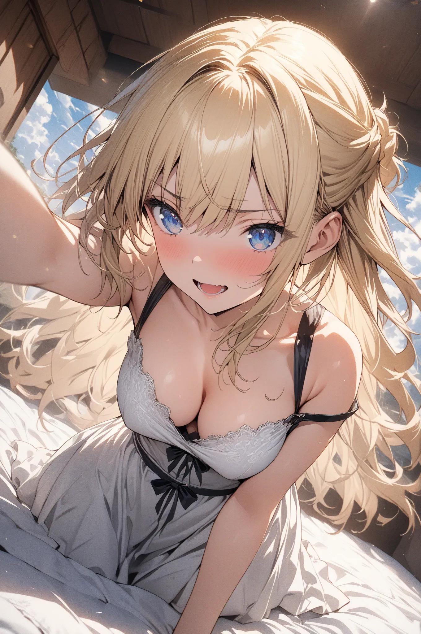 (masterpiece, detailed:1.2), One Girl, (18-years old), blonde half updo, Medium Breasts, sky blue eyes, BREAK, Highest quality, on bed, Random Pose, Random angle, focus on cleavage