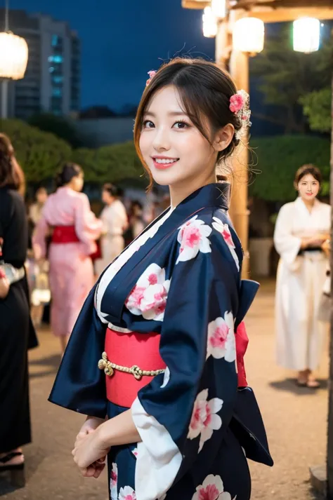 busty woman in mini yukata,crowded japanese festival,night,fire works in the sky