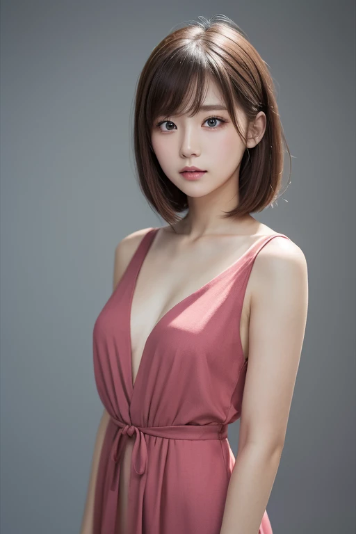 Masterpiece, best quality , high resolution,short hair, blue eyes, 1 girl, Alone, Blue Ribbon, eyelash , neck ribbon, Sleeveless, bangs, clavicle, Bare arms, Pink Dress , Red coat, white background, Front , No view, are staring at the viewer, upper body, f...