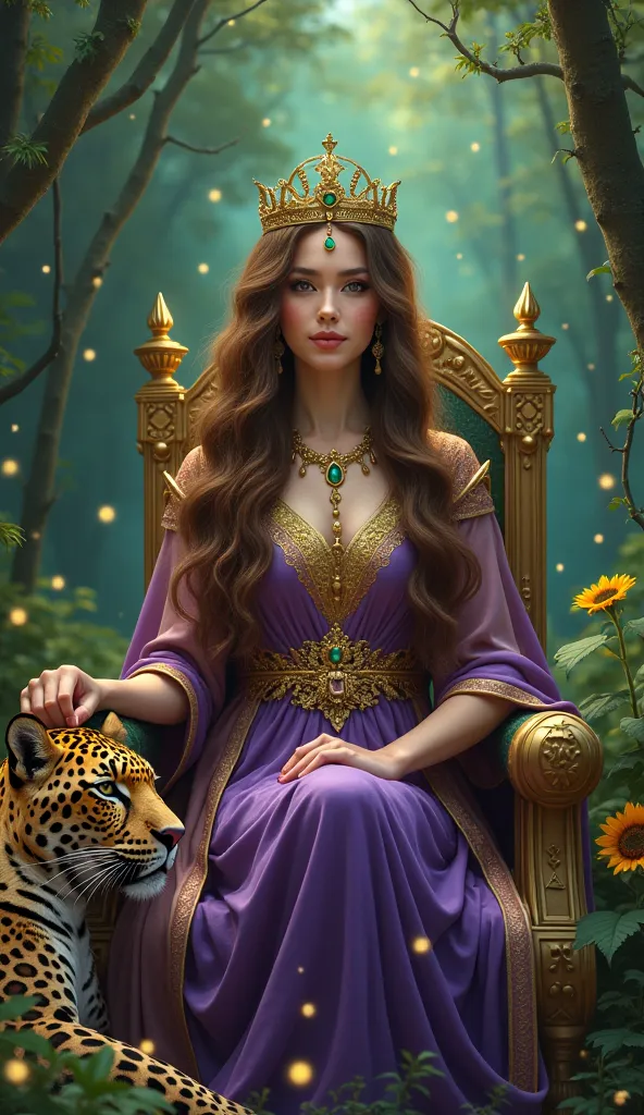 The map is made in fantasy style 

The centerpiece is a magical green forest ,where many fireflies are flying, In the forest there is a golden throne on which a woman in her 30s with long brown wavy hair sits , on her head. She has a golden crown with a gr...