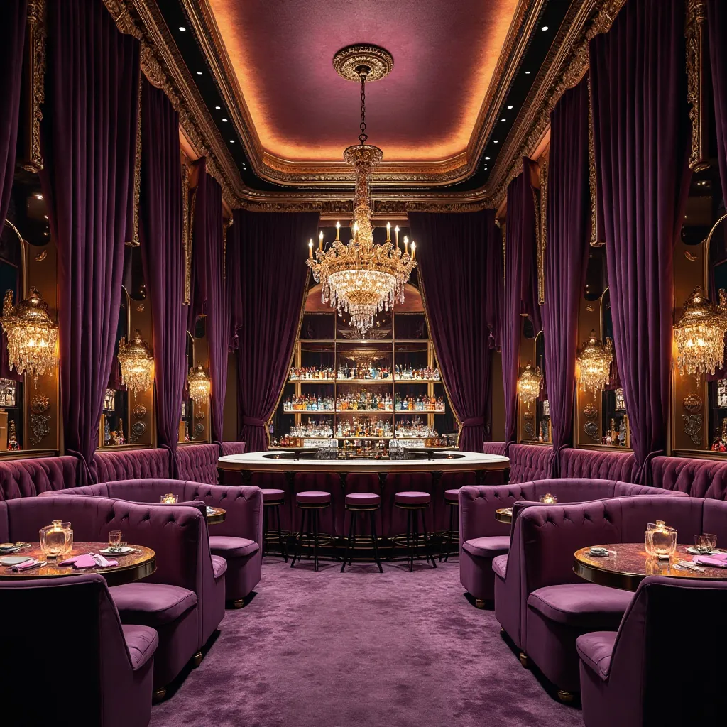 realistic photo, best quality, no humans, A lavish bar unfolds with deep purple velvet and gold accents, exuding sophistication. Private booths line the walls and perch on elevated platforms, their plush, curved seating wrapping around sleek gold-trimmed t...