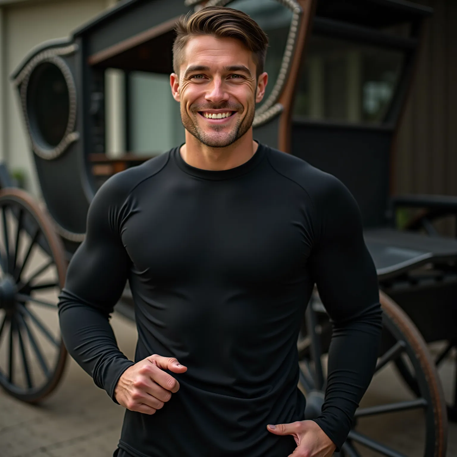 Exo Dio, dark black long sleeve t-shirt that sticks to the body, black workout shorts, close-up photo, staring head-on,  smiling in front of the carriage,Eye smile,realistic on the hand,Show off 