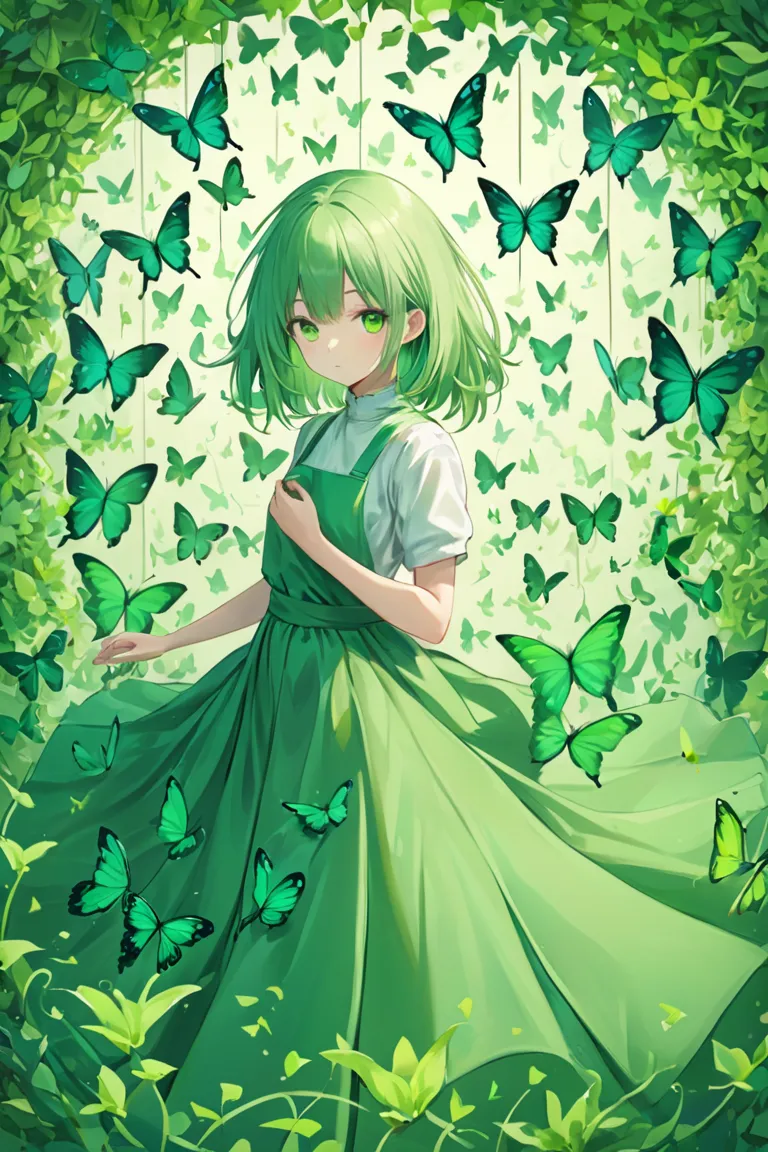 Girl with long green hair， green long skirt ，Surrounded by green butterflies，wallpaper