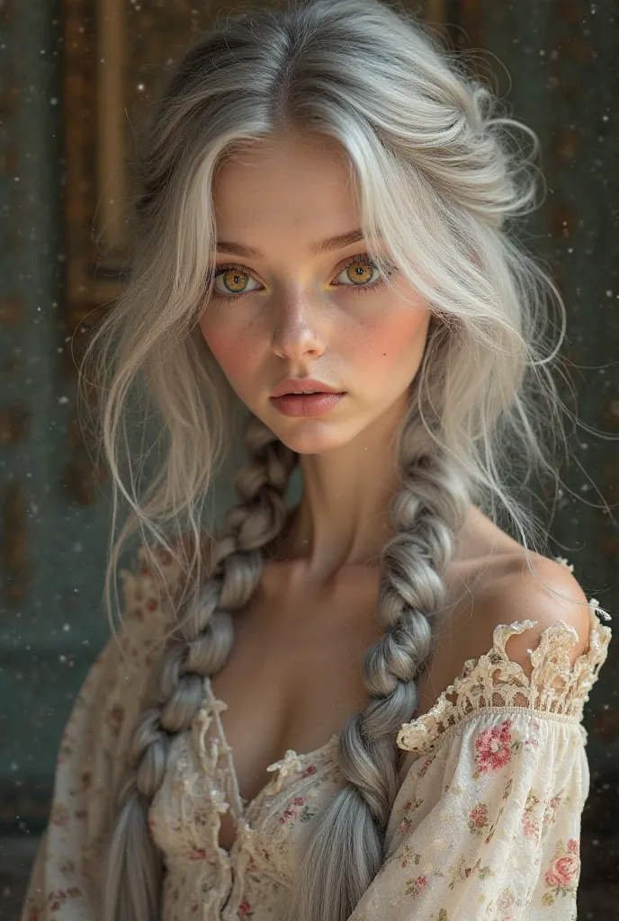 Delicate and charming age girl, with long, silver hair that descends in a braid to the floor, shining with soft reflections of light. Her golden eyes have a warm and captivating glow, highlighting her elegant vintage-style air.