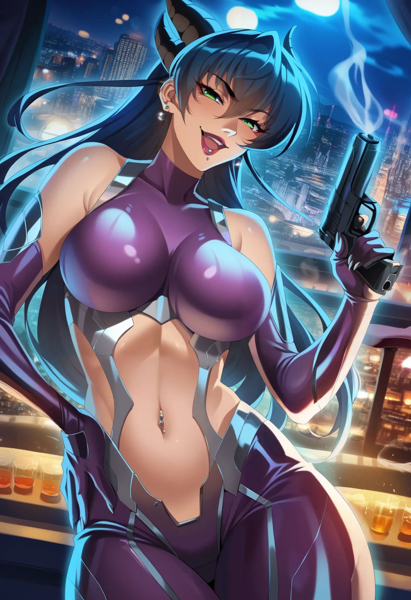 score_9, score_8_up, score_7_up, score_6_up, score_5_up, score_4_up, masterpiece, best quality, BREAK,
1girl, outdoors, city, night, i_asagi, long hair, large breasts, blue hair female, green eyes, bodysuit,  ear piercing, long hair, , lipstick,Hot girl, b...