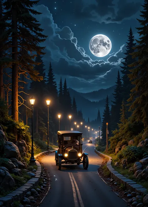 Steam cars 、An old Ford type car from early 1900 is parked in the middle of a forest road、Gently Curved Road、streetlights continue at equal intervals on the side road、full moon night