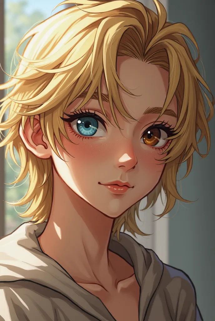 [michael is a boy with gorgeous longe blonde hair and gorgeous hetrochromia eyes one blue eye and one brown eye he is extremely cute and handsome a 10/10 in looks he is  he has beautiful eyelashes he looks feminine but also masculine at the same time]