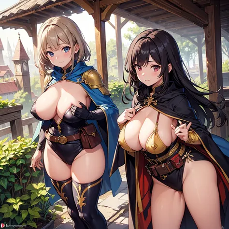 side boob, under boob, High quality, super detailed, best quality, highly detailed, beautiful, masterpiece, group of girls, ((adult)), harem, adventurer, fantasy, perfect anatomy, detailed outfit, detailed decoration, pouch, cloak, belt, big boobs, (((safe...