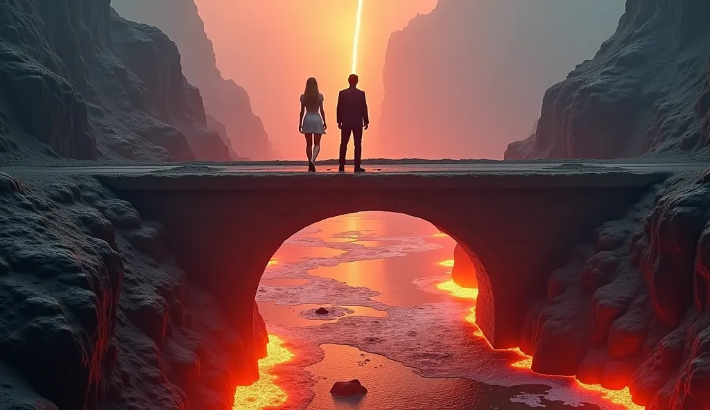 A man who almost falls from a height。A river of bright red, simmering lava flows under the bridge. Woman crossing a bridge and man from behind, A loose woman, a man with straight hair. Formal Wear.Light shines from above