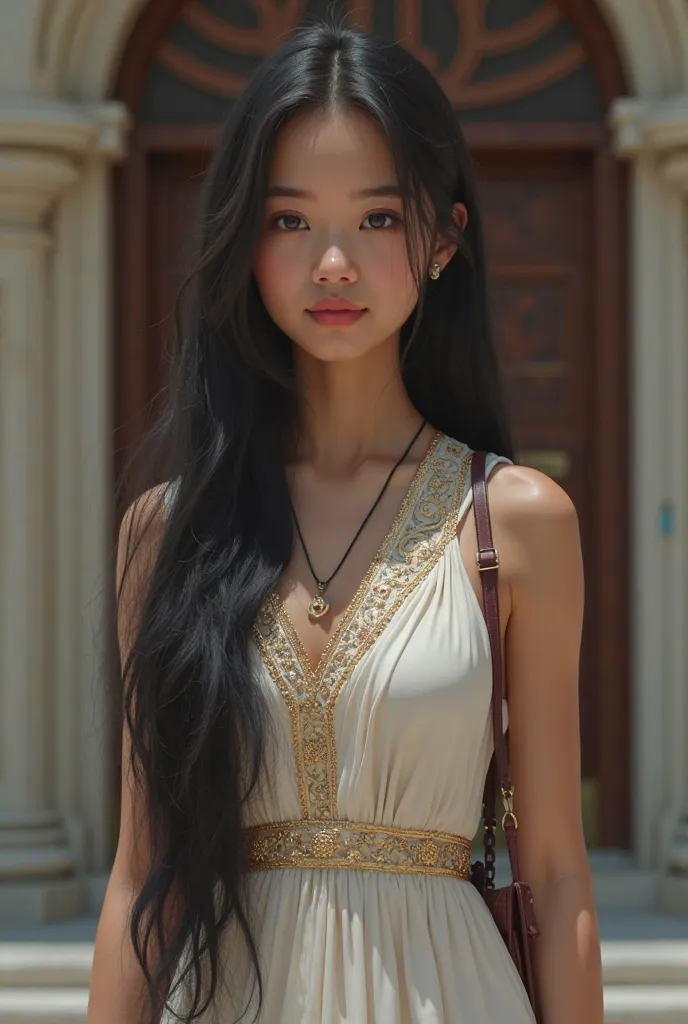 realistic. young adult filipino woman. ager. formal. inverted triangle face shape, long length black hair at the back, wearing church dress, and sling bag. Background is outside church. 