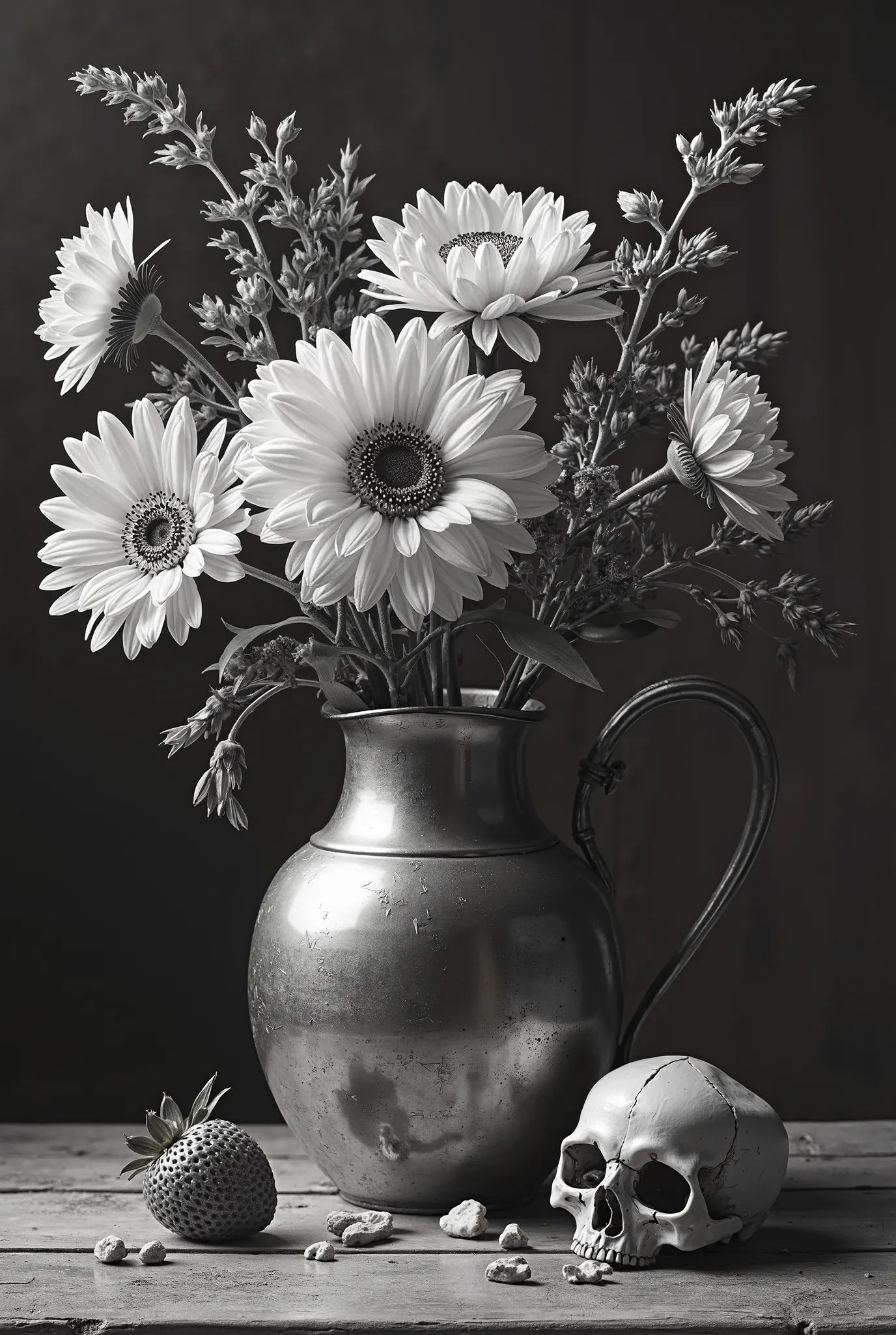 Still life in a metal jug, flores, skull and strawberry, The horizontal composition must be cleaned, strong contrast of light and shadow, in black and white. 
Metal bien reflejado, mo bastantes flores. 