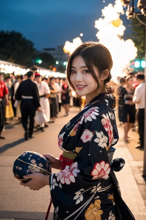 busty woman in mini yukata,crowded japanese festival,night,fire works in the sky,surrounded by lots of men,buried in lots of men,surging lots of men