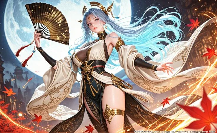 Prompt:

"An elegant anime-style warrior woman with long flowing silver-blue hair, wearing a dark and gold-trimmed outfit with intricate patterns. She holds a majestic, glowing blue crystalline fan in one hand and a traditional gold folding fan in the othe...