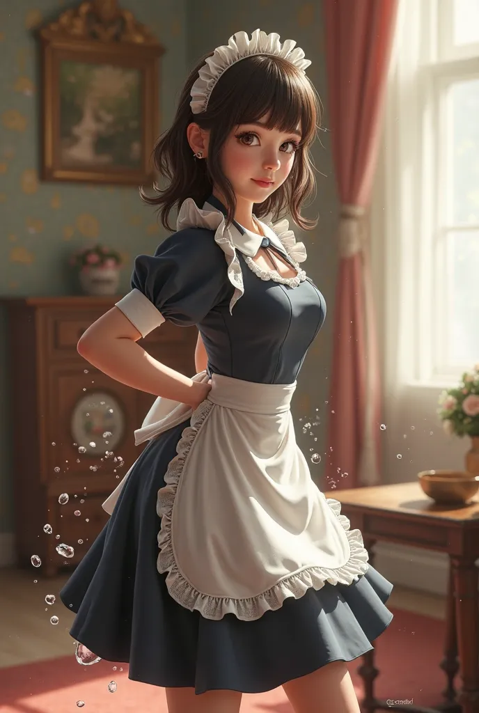 A girl in a maid's suit sticks out her butt and water comes out of her ass