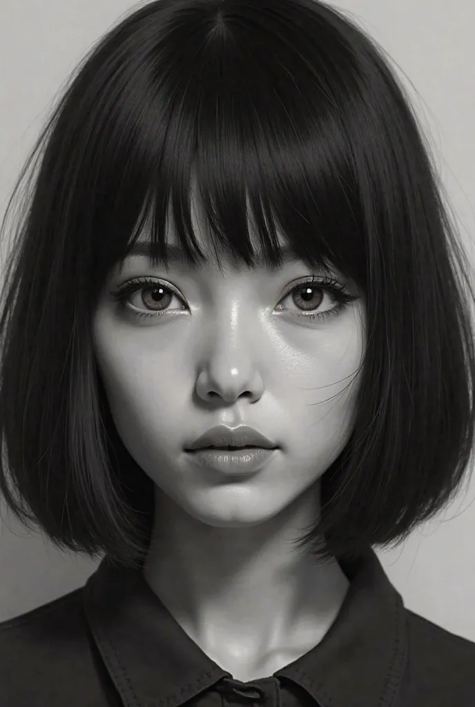 "A realistic portrait of a person with black hair and brown eyes, depicted in black and white. The face has a calm and neutral expression, with well-defined facial features. The lighting is soft and balanced, creating depth and contrast. The background is ...