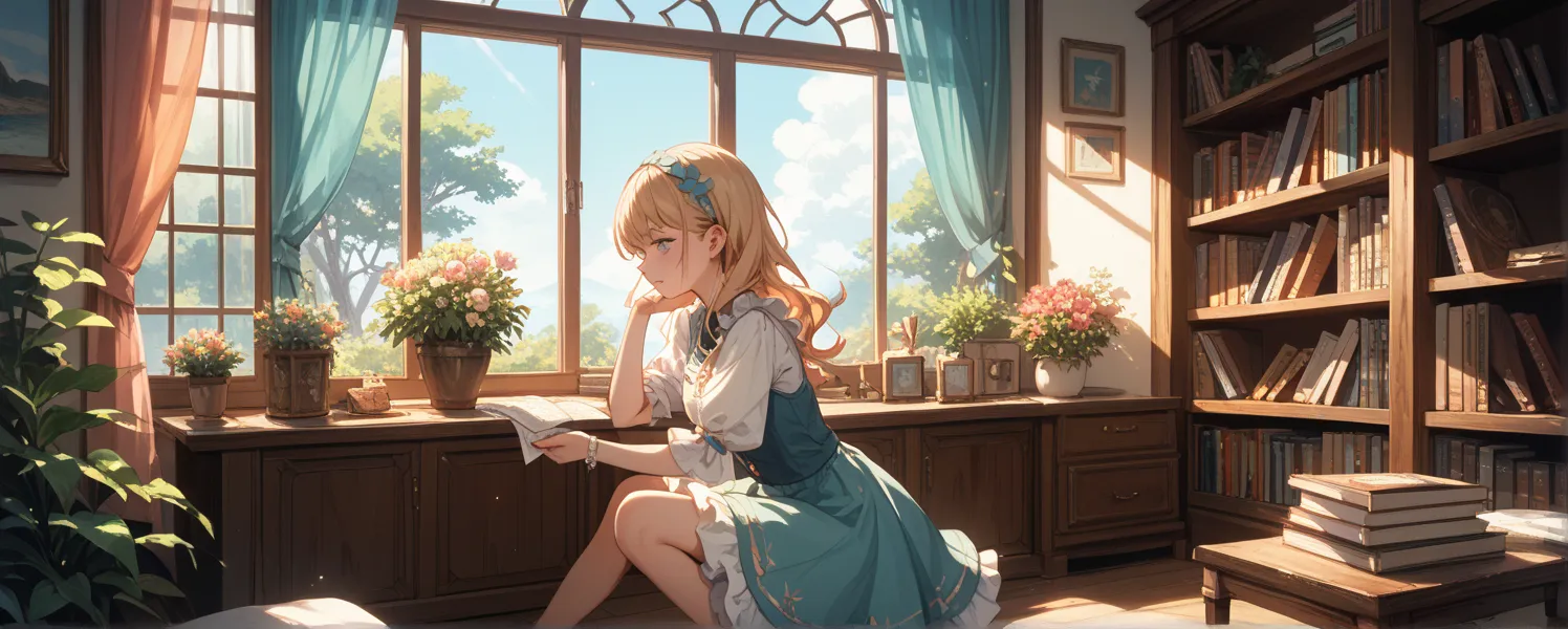 "A refreshing and cozy scene of a person enjoying a manga in a bright, airy room. The setting features soft pastel colors, natural sunlight streaming through a large window, and a bookshelf filled with colorful manga volumes. The reader, a young person wit...