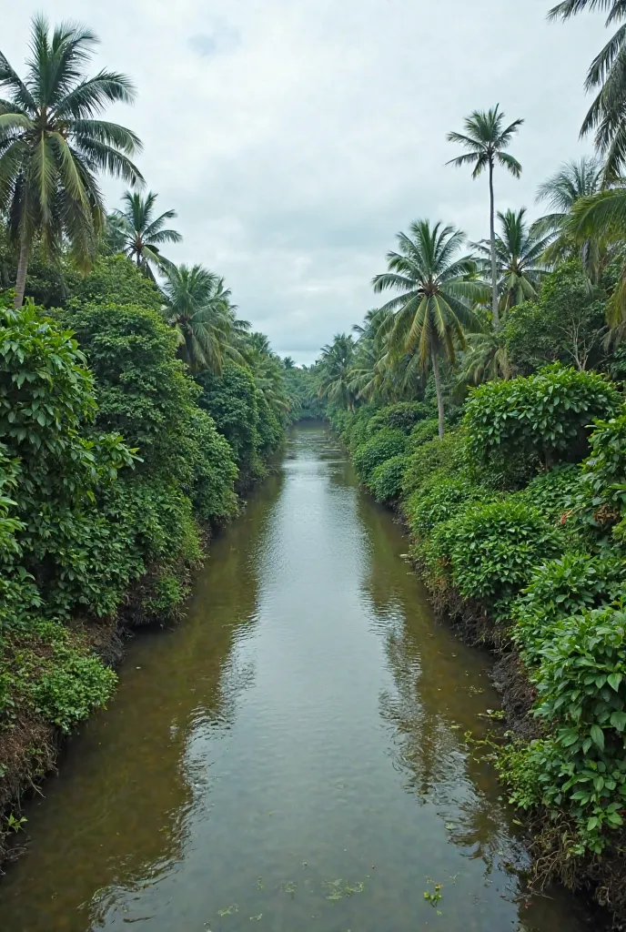 A view of a calm canal, lined with lush greenery and vegetation, under a cloudy sky.

The scene is composed of a canal that stretches out into the distance.  The banks are densely packed with various shades of green foliage, including trees, shrubs, and aq...