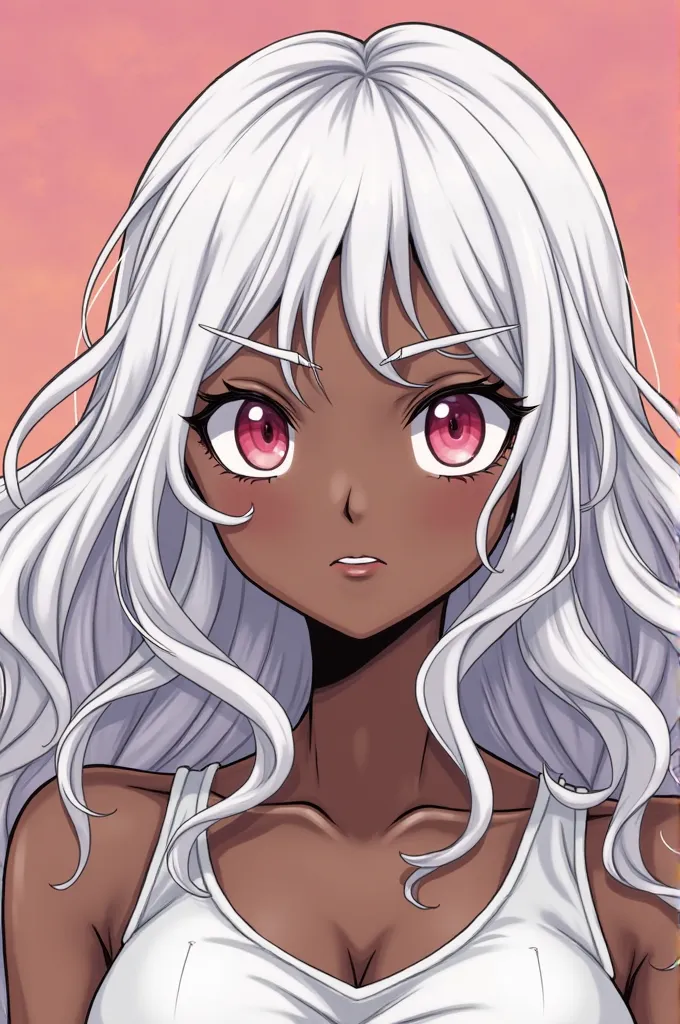 Make me a picture: Comics panel of (one piece) ,   with white hair  , Long wavy , eyes with heterochromia, one light pink and one red, She's a black-skinned girl. 