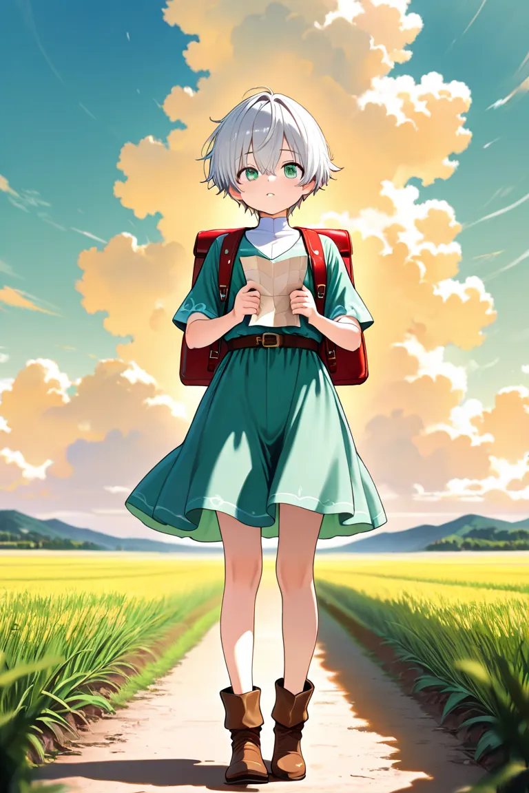 1boys, male forcus,solo,otoko no ko,shota,androgynous features,big eyes,

A carefree otokonoko traveler in a light beige adventurer outfit, carrying a large backpack and a map. His short silver hair sways in the wind as he gazes toward the distant mountain...