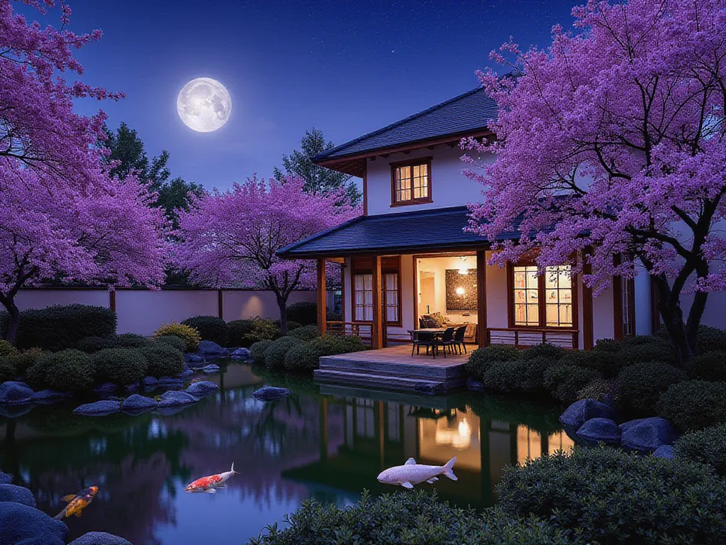 Japanese-style house and courtyard with small green pond,There are 3 koi swimming in the pond,purple cherry , Japanese Garden, Peaceful, night ,  full moon, star, ,  purple theme, Cherry blossoms in full bloom々shooting studio surrounded by,,Truly beautiful...