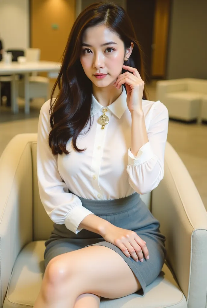 a young woman seated on a light-colored chair in an indoor setting, likely an office or lounge. She has long, dark hair styled neatly, and her expression is poised and confident. She is dressed in a professional yet stylish outfit, consisting of a white bl...